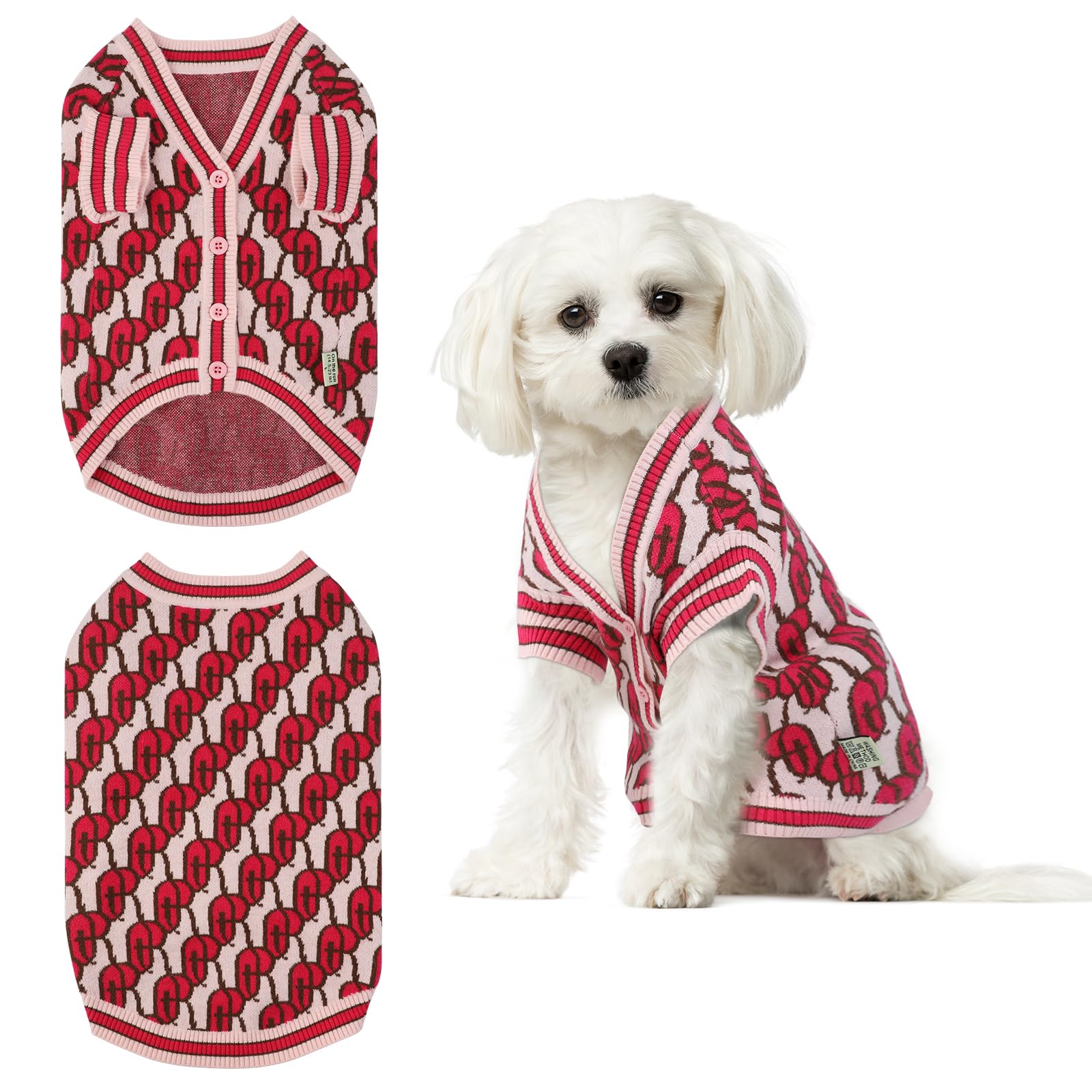 On The Roll pink dynamic letter pattern pet sweater for stylish warmth on daily walks