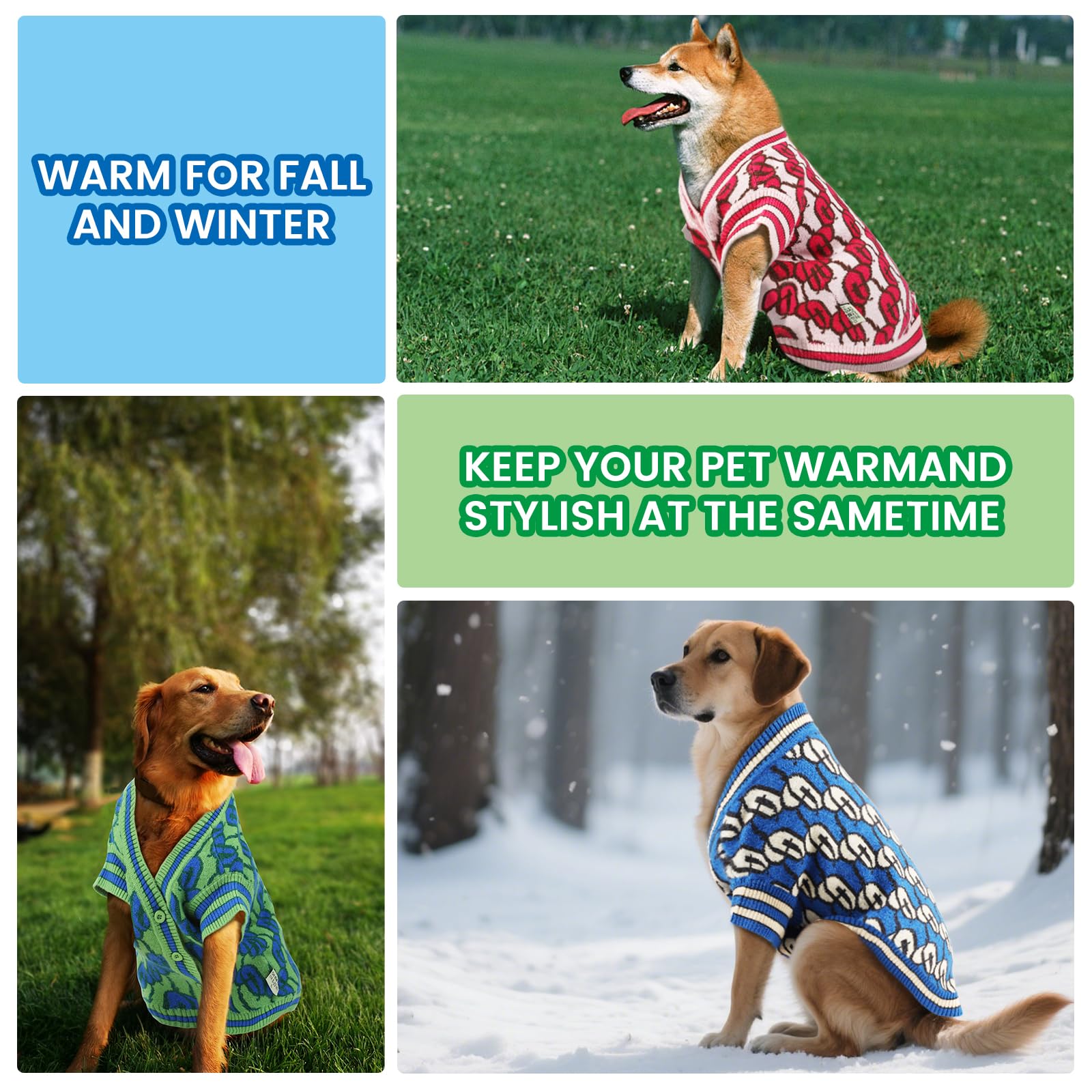 On The Roll size-guide dog sweater in green; fit guidance
