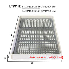 Oncpcare grid perforated litter tray shows waste flows into lower tray