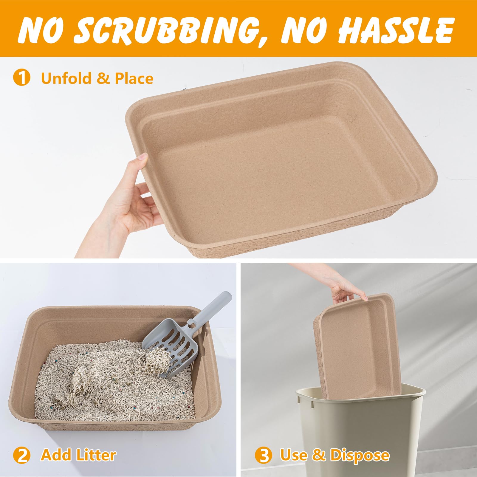 ondware disposable cat litter box stacked for disposal emphasizes easy waste management.