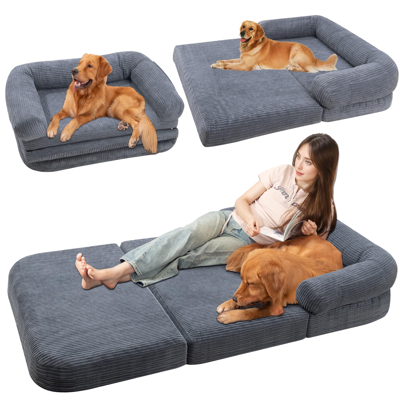 Ondware foldable bed setup for cozy lounging with pet.