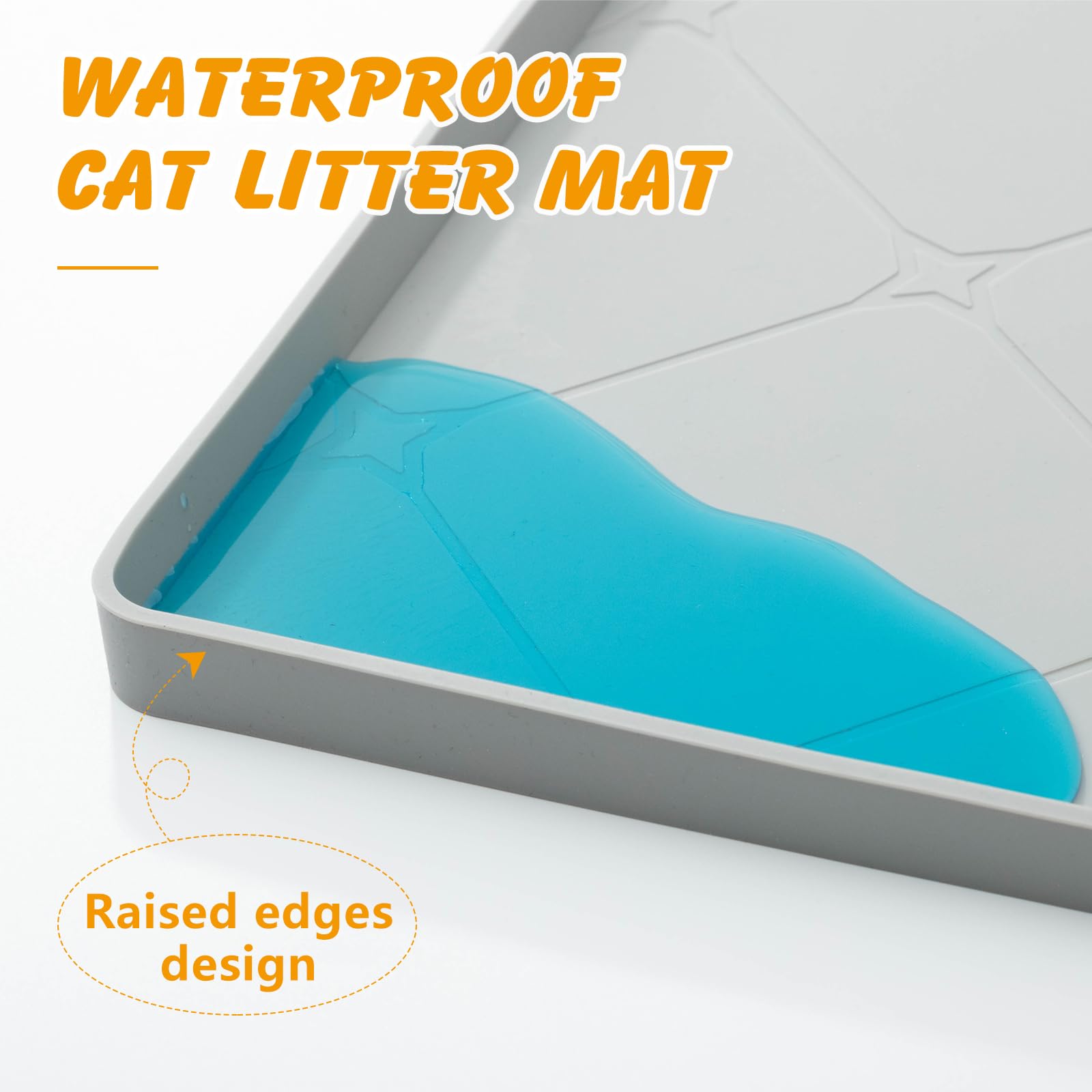 Ondware litter mat under feeding bowls captures spills for easy cleanup