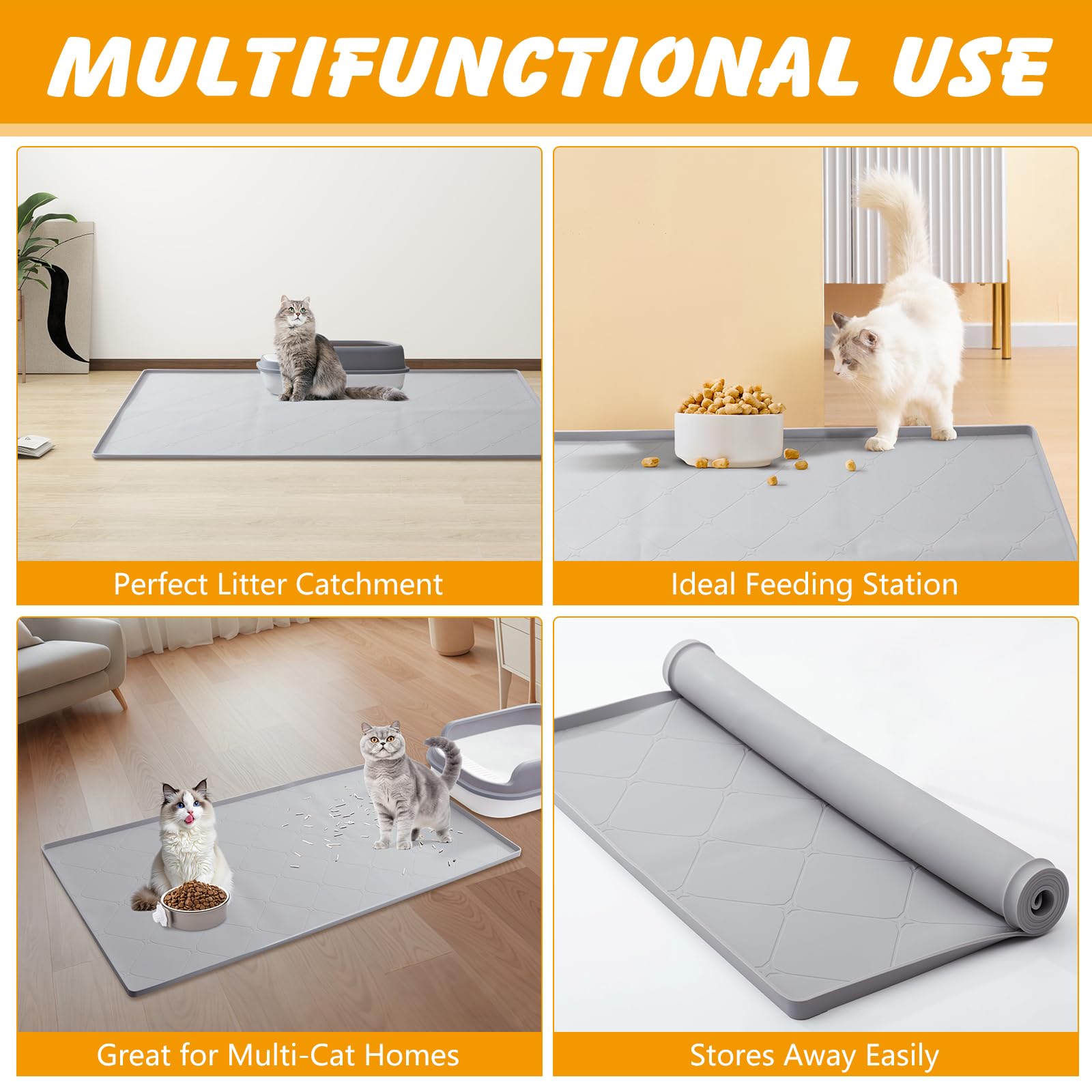 Ondware multi-use cat mat supports feeding, litter trapping, and resting