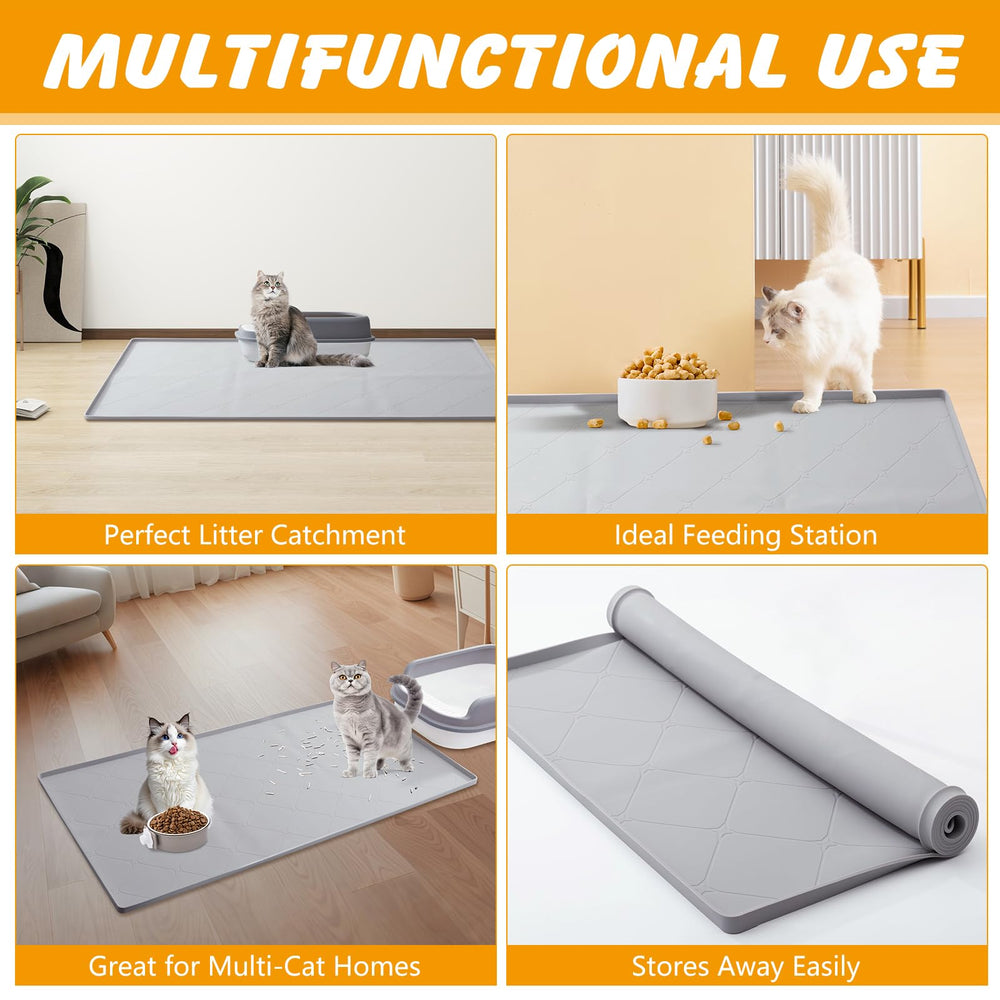 Ondware multi-use cat mat supports feeding, litter trapping, and resting