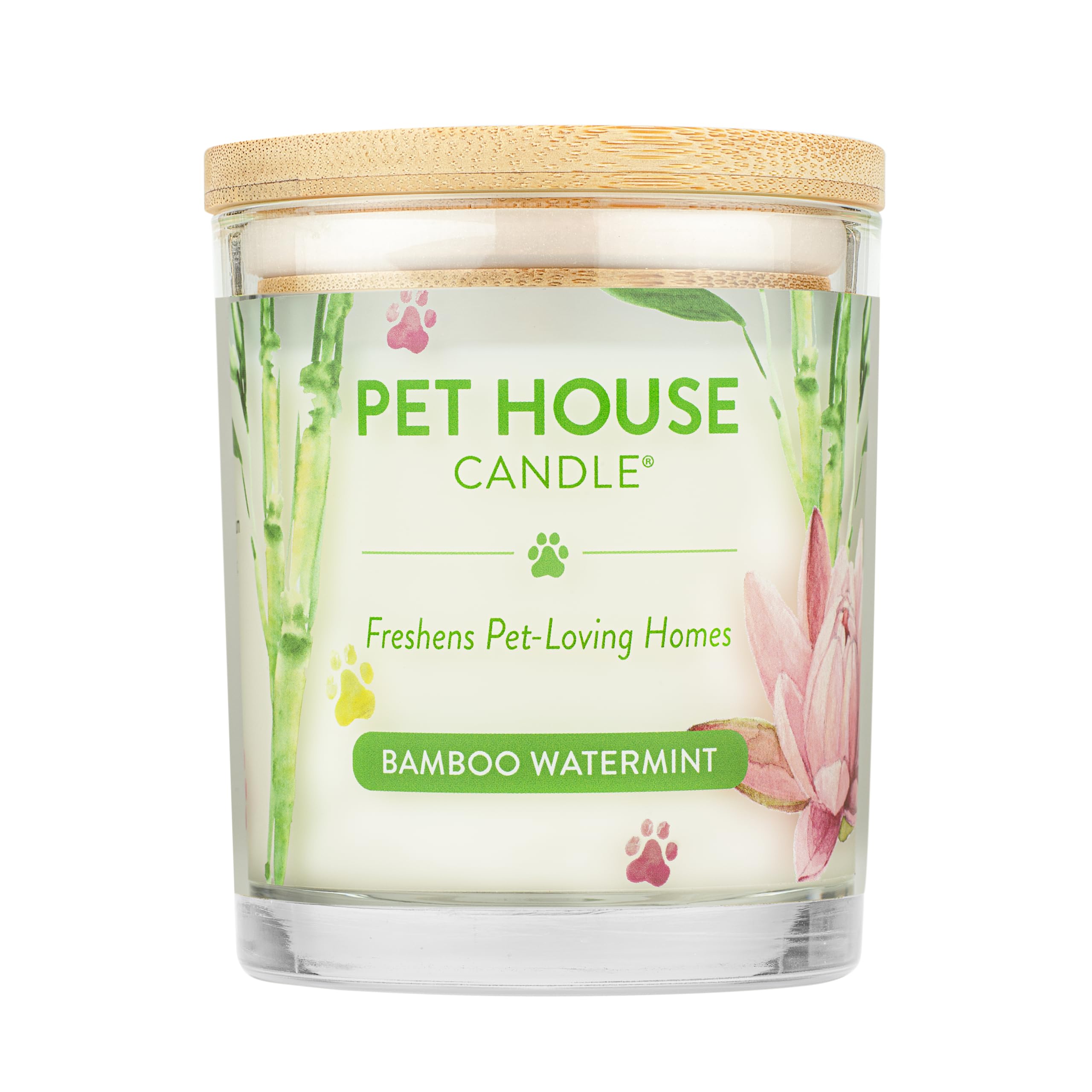 One Fur All Bamboo Watermint candle closeup highlights clean-burning wax for a fresh pet-friendly home.