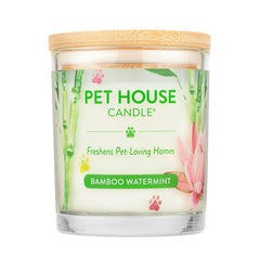 One Fur All Bamboo Watermint candle closeup highlights clean-burning wax for a fresh pet-friendly home.