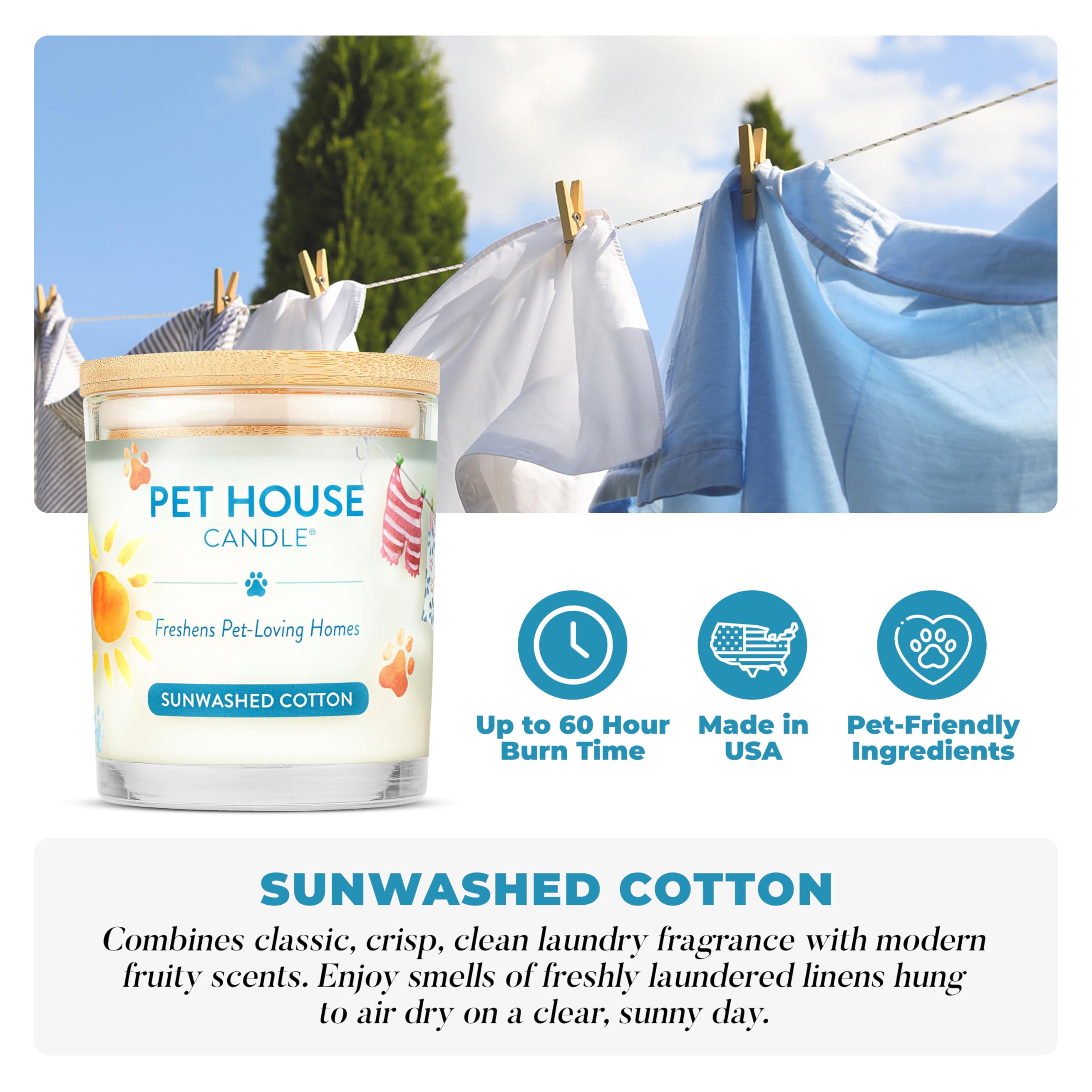 One Fur All Pet House Candle sunwashed cotton jar close-up shows plant-based soy wax