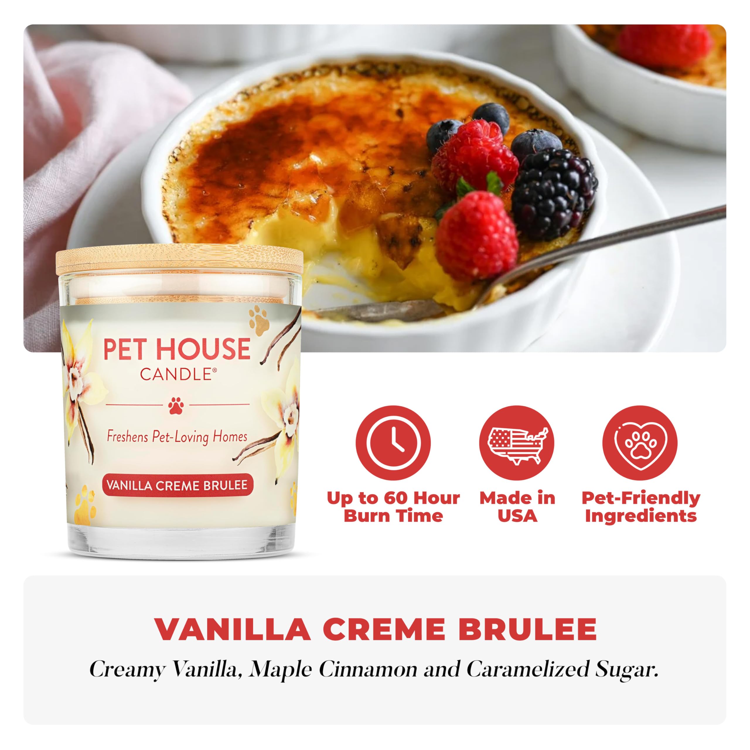 One Fur All vanilla creme brulee candle packaging image shows USA-made quality and clean-burning formula.