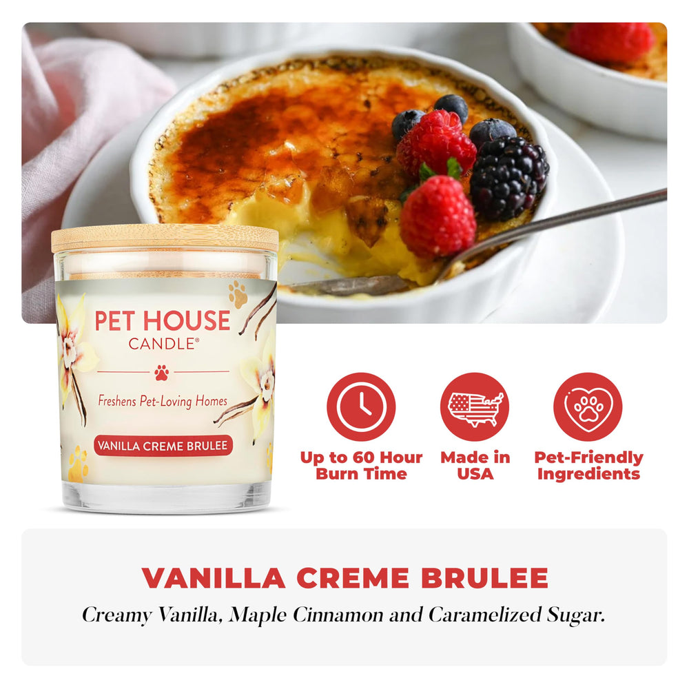 One Fur All vanilla creme brulee candle packaging image shows USA-made quality and clean-burning formula.