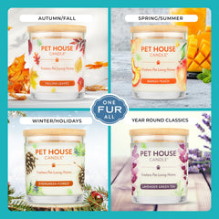 One Fur All Pet House Candles dye-free USA-made label emphasizes quality and safety