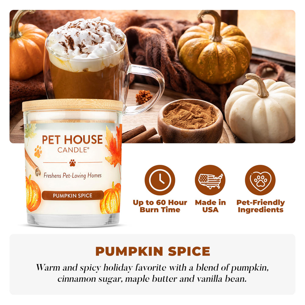 One Fur All Pet House Candles Pumpkin Spice closeup highlights soy wax quality for clean burning