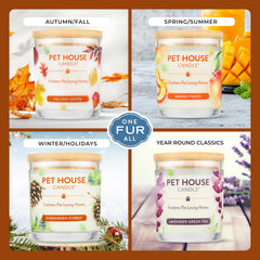 One Fur All Pet House Candles Pumpkin Spice label closeup emphasizes dye-free USA-made formula