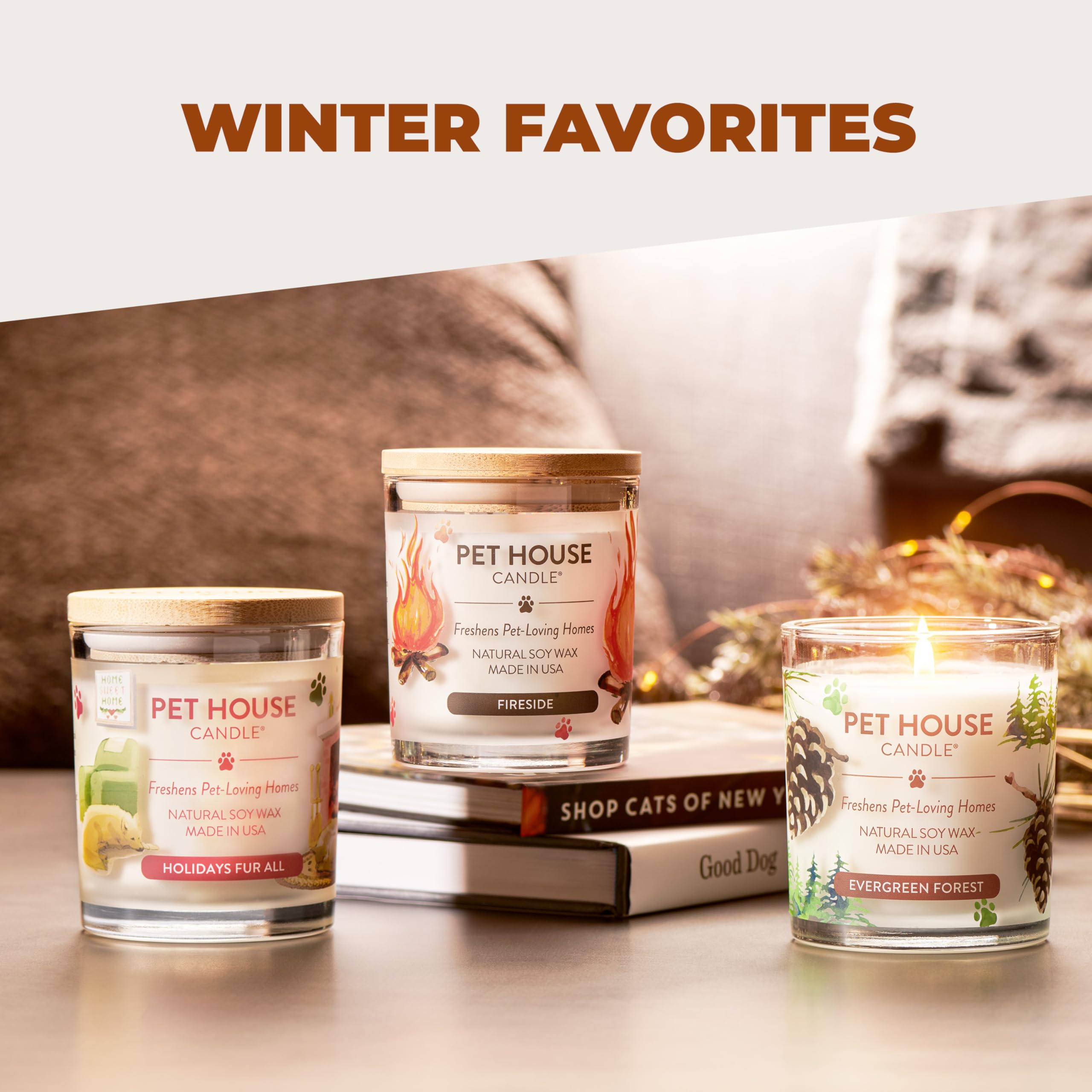 One Fur All Pet House Candles living room setup features long-lasting scent for gatherings
