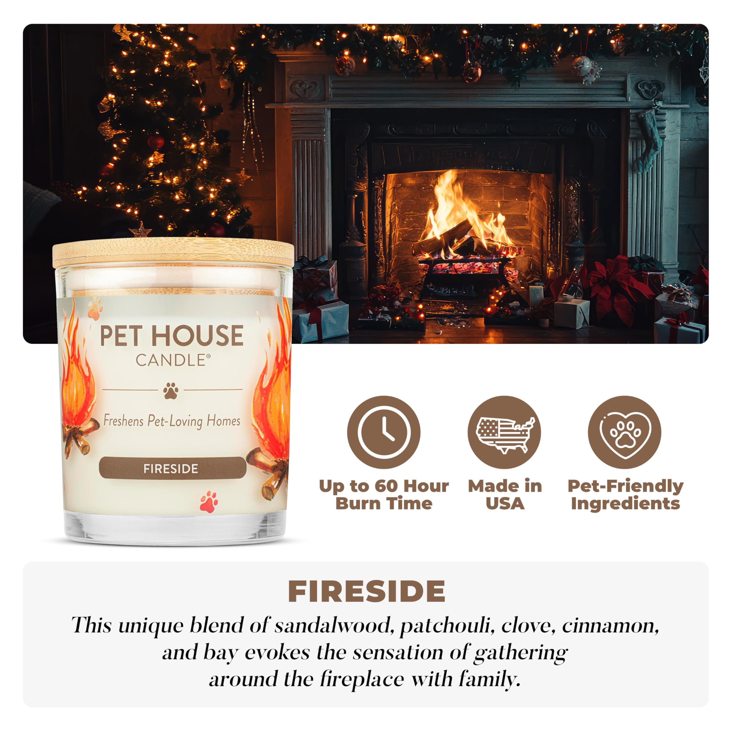 One Fur All fall candle close-up label emphasizes a dye-free, plant-based formula and clean burn.