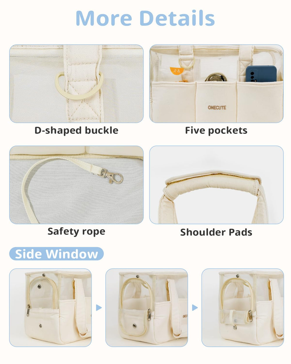 ONECUTE dog purse carrier beige bottom view features a firm, comfy base.