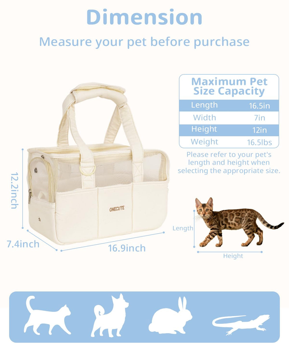 ONECUTE dog purse carrier beige front view shows clean design and accessible storage.