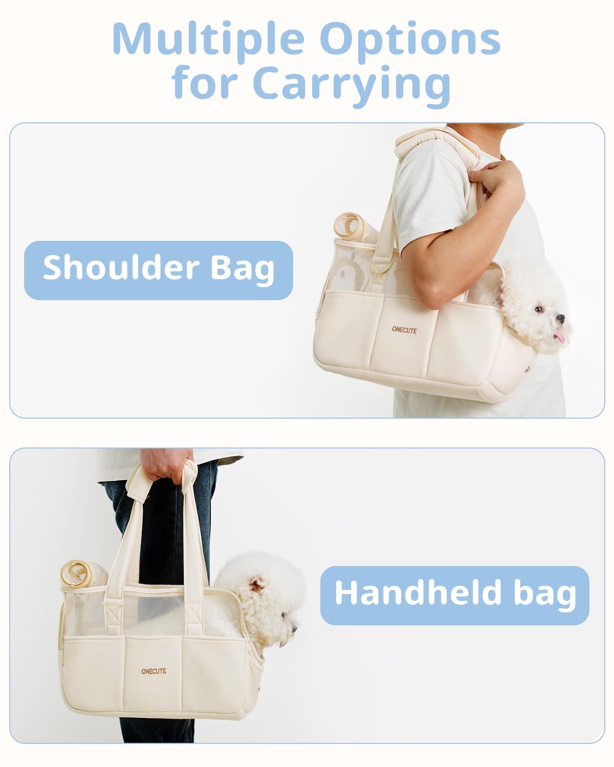 ONECUTE dog purse carrier beige safety-rope demonstrates secure containment during transport.