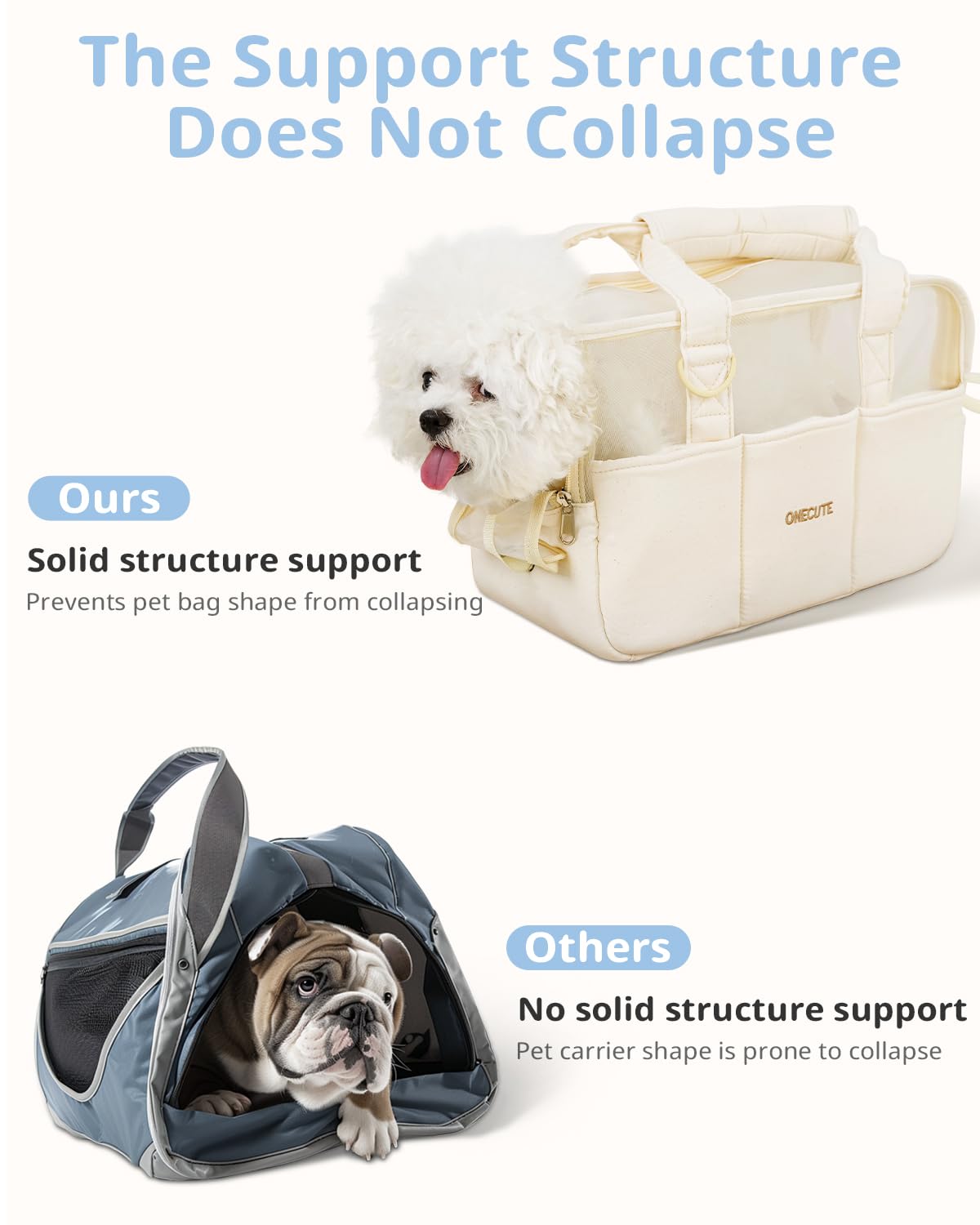 ONECUTE carrier highlights five pockets for quick travel essentials.