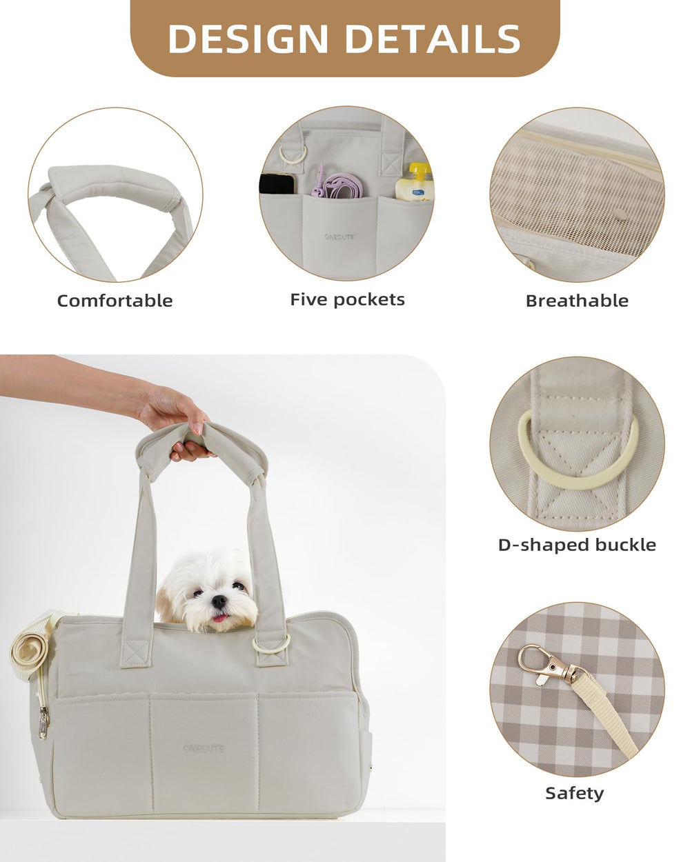 ONECUTE dog purse carrier grey cotton material offers soft breathable comfort.