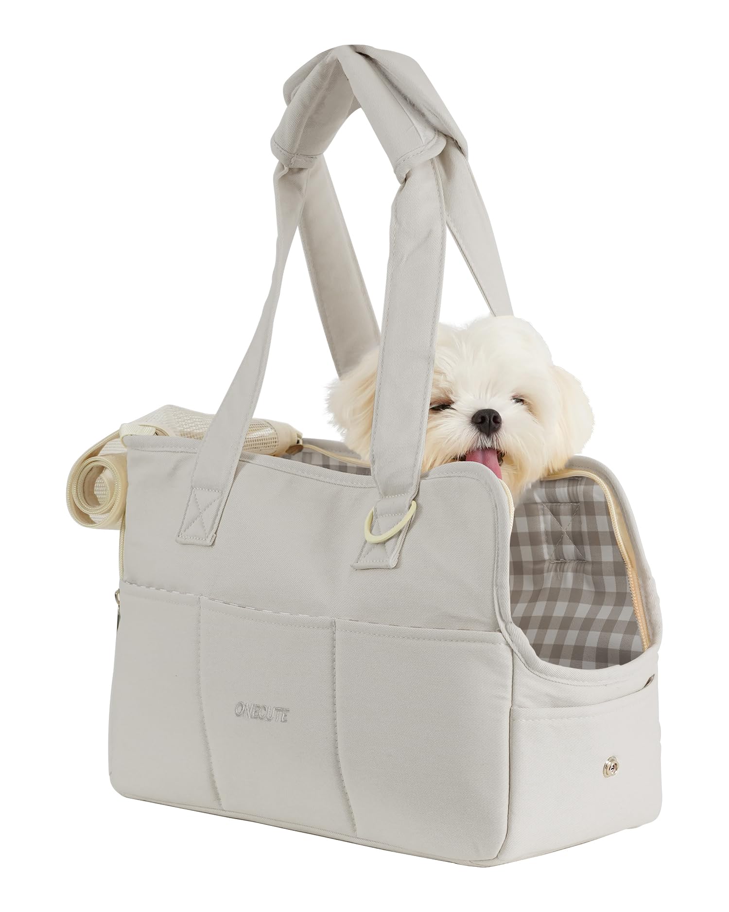 ONECUTE dog purse carrier grey front shows breathable mesh for comfy travel.