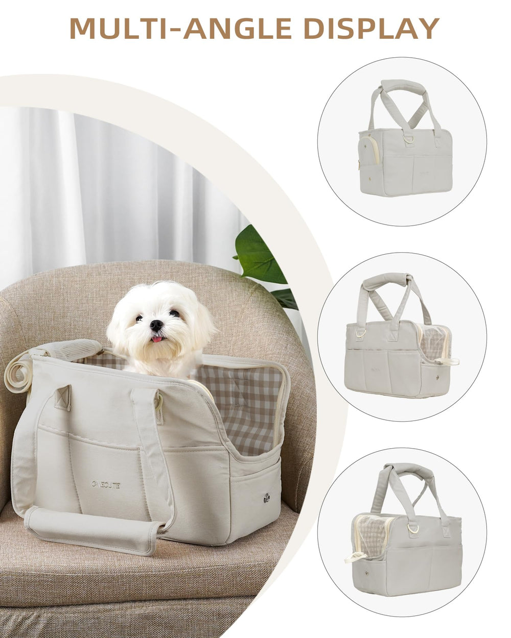ONECUTE dog purse carrier grey safety rope keeps pets secure during walks.