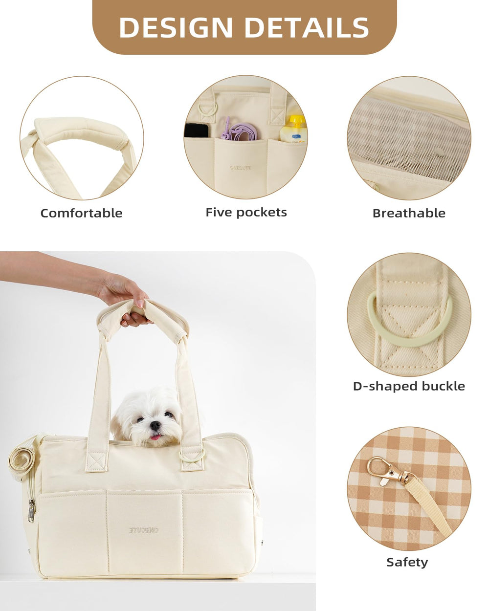 ONECUTE dog purse carrier safety rope aids secure restraint during rides