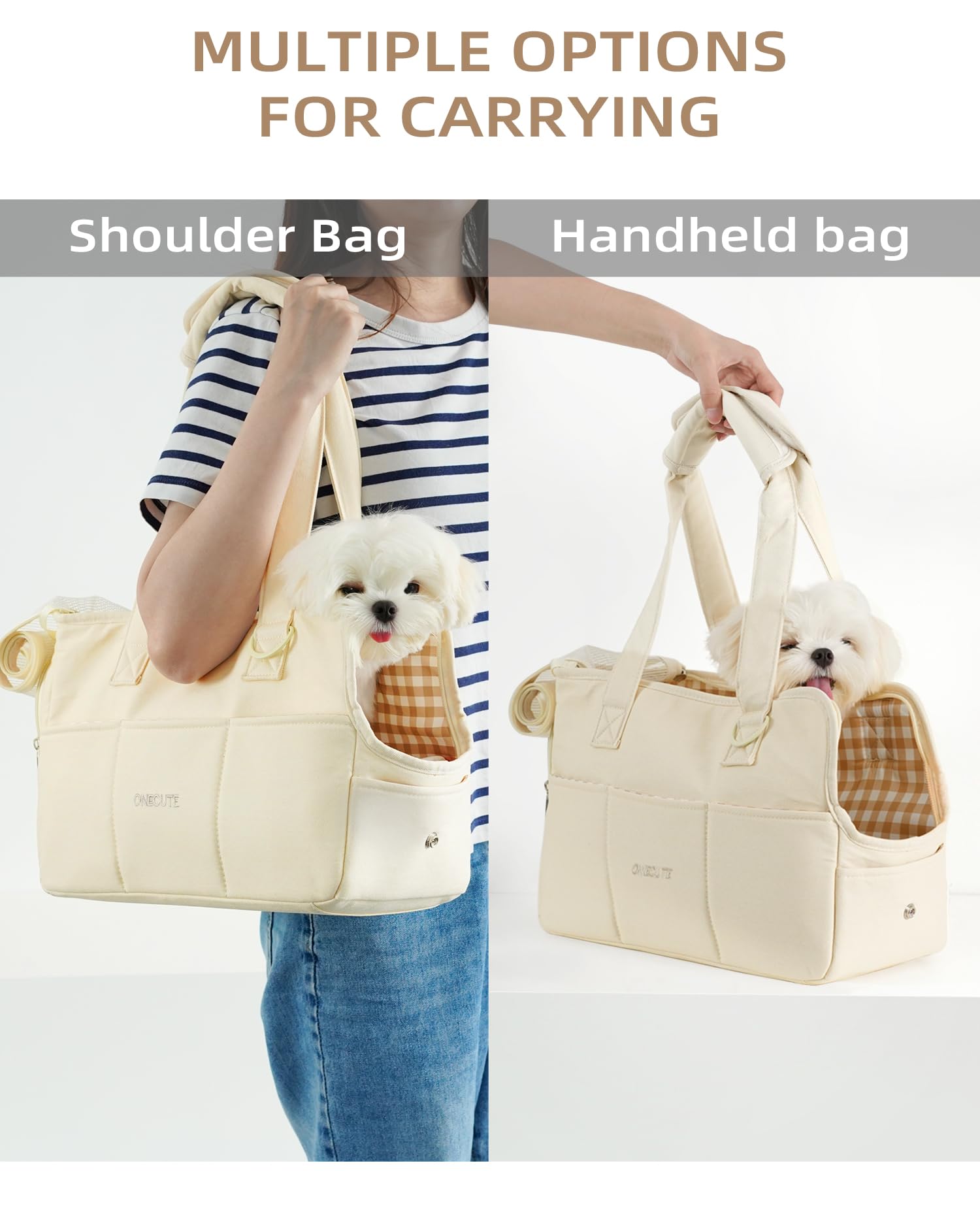 ONECUTE dog purse carrier side view beige for stylish travel