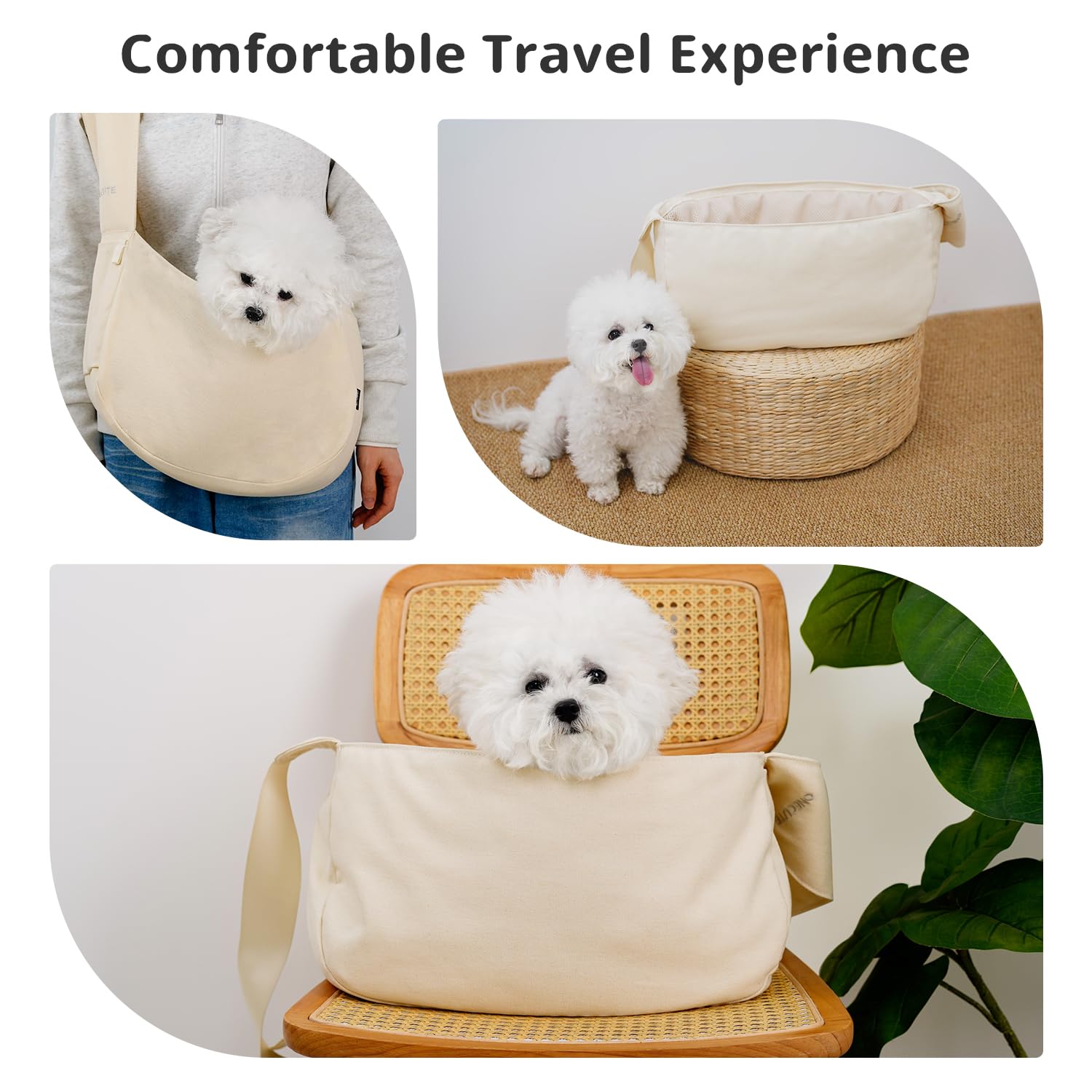 ONECUTE dog sling carrier beige adjustable strap worn comfortably