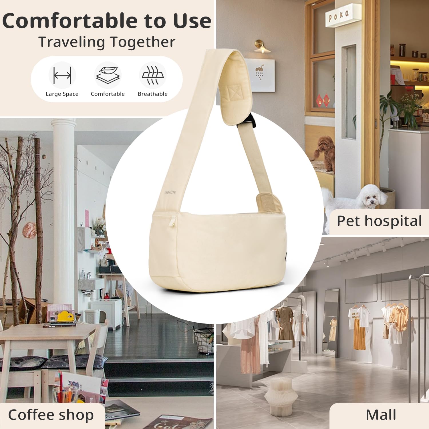 ONECUTE dog sling carrier beige hard bottom support for joints