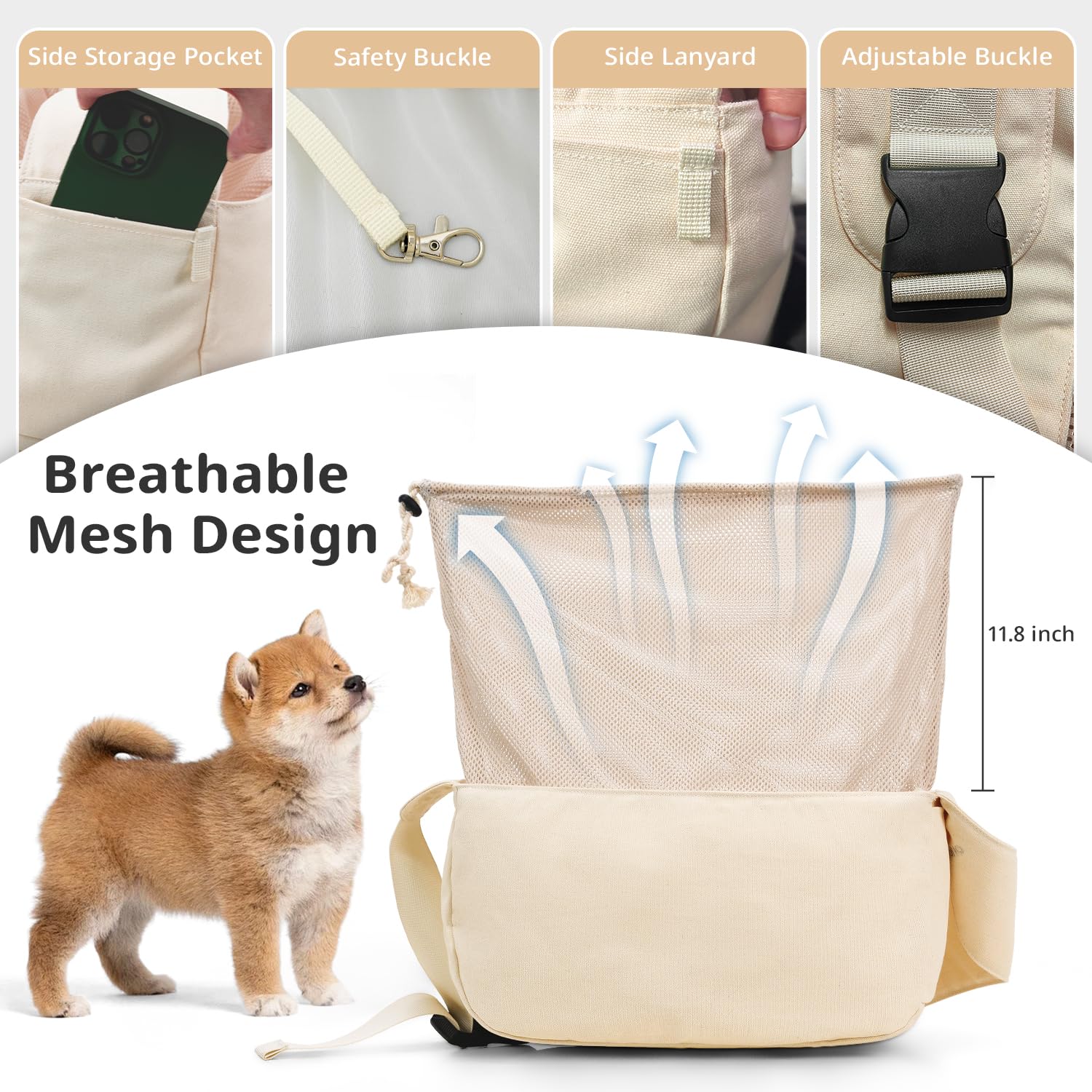 ONECUTE dog sling carrier beige built-in safety clip attached to collar