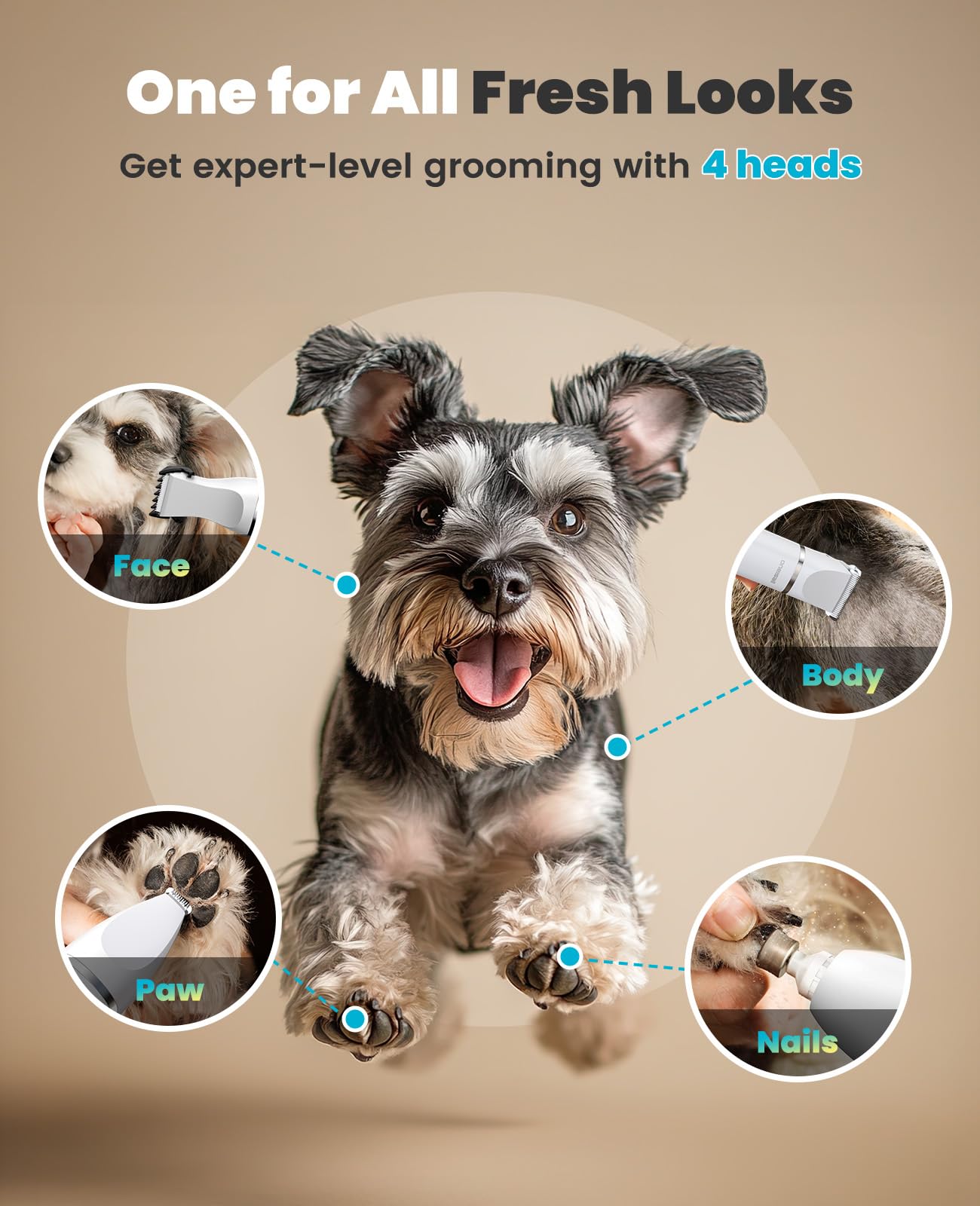 Oneisall 4-in-1 dog grooming kit 7000rpm trimmer closeup demonstrates fast, smooth coat trimming.
