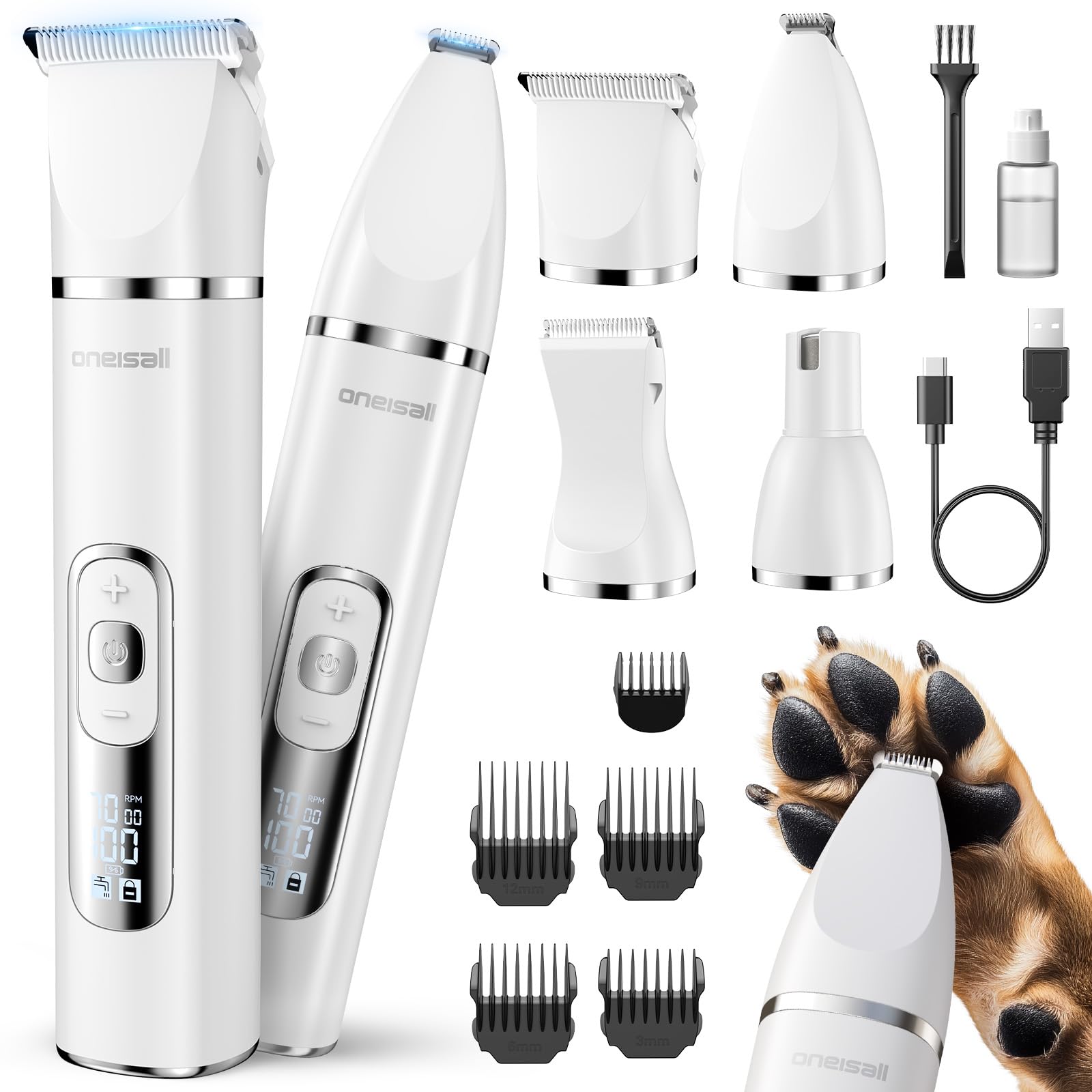Oneisall 4-in-1 dog grooming kit LCD display guides easy at-home grooming sessions.