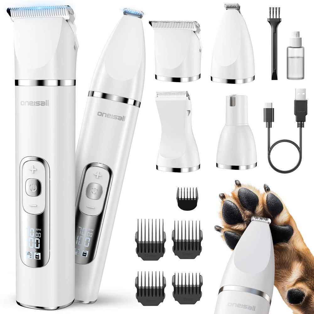 Oneisall 4-in-1 dog grooming kit LCD display guides easy at-home grooming sessions.