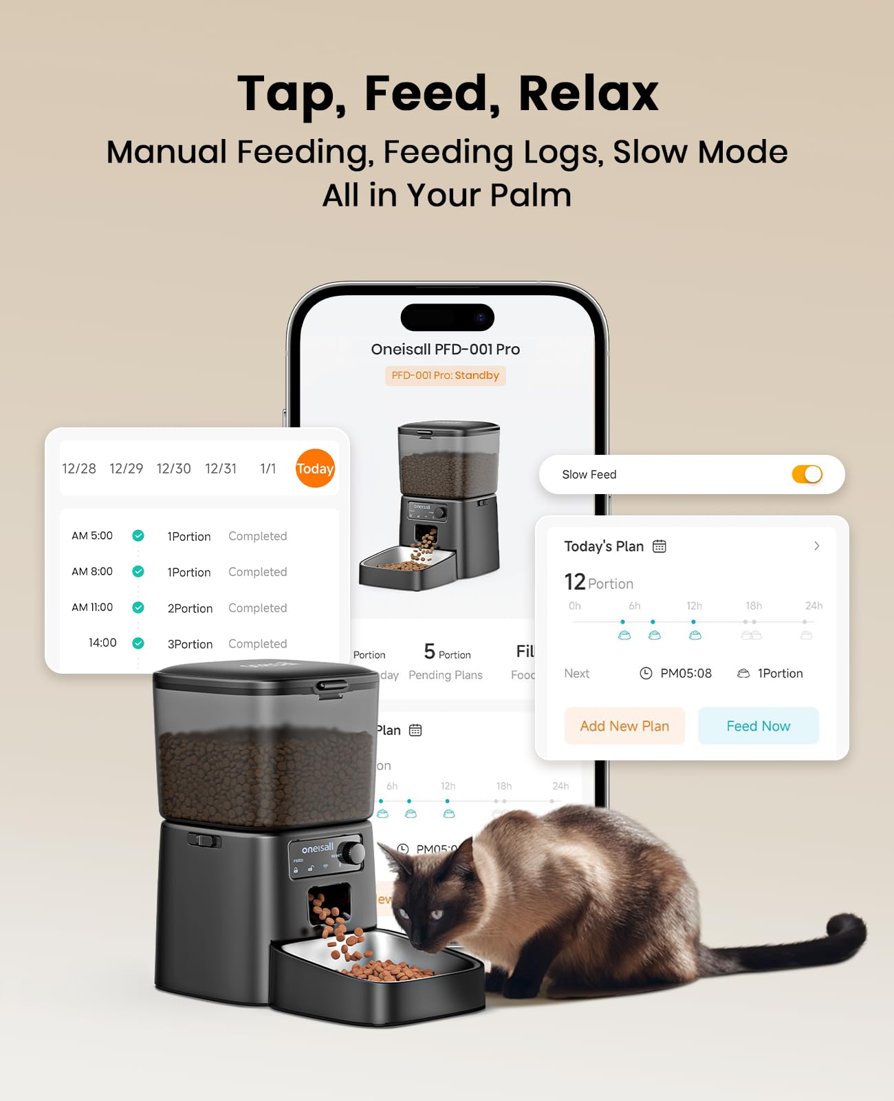 Oneisall automatic cat feeder airtight lid preserves freshness and blocks moisture.