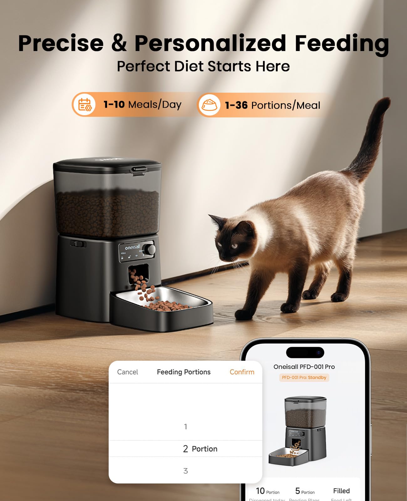 Oneisall automatic cat feeder dry food tank shows 4 lb capacity for days.