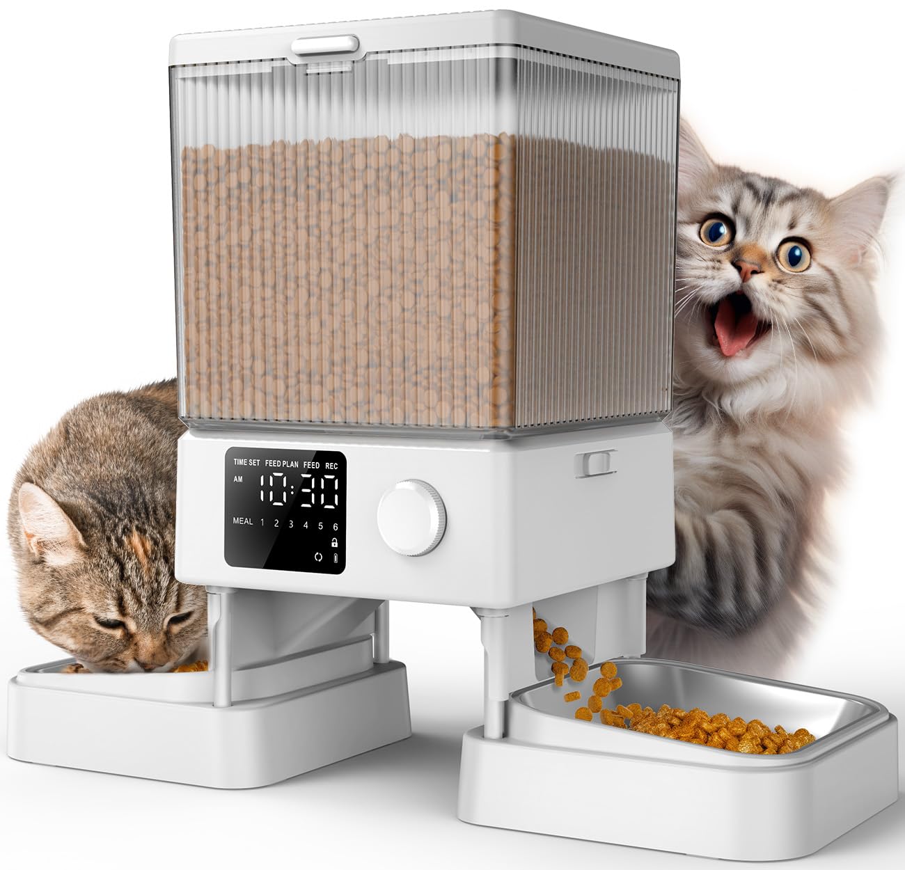 oneisall automatic cat feeder front view with dual bowls for calm meals.
