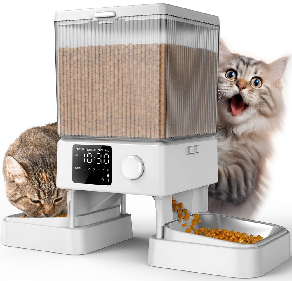 oneisall automatic cat feeder front view with dual bowls for calm meals.