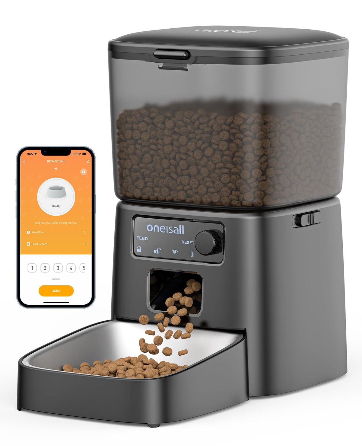 Oneisall automatic cat feeder front view, compact and convenient for kitchen space.