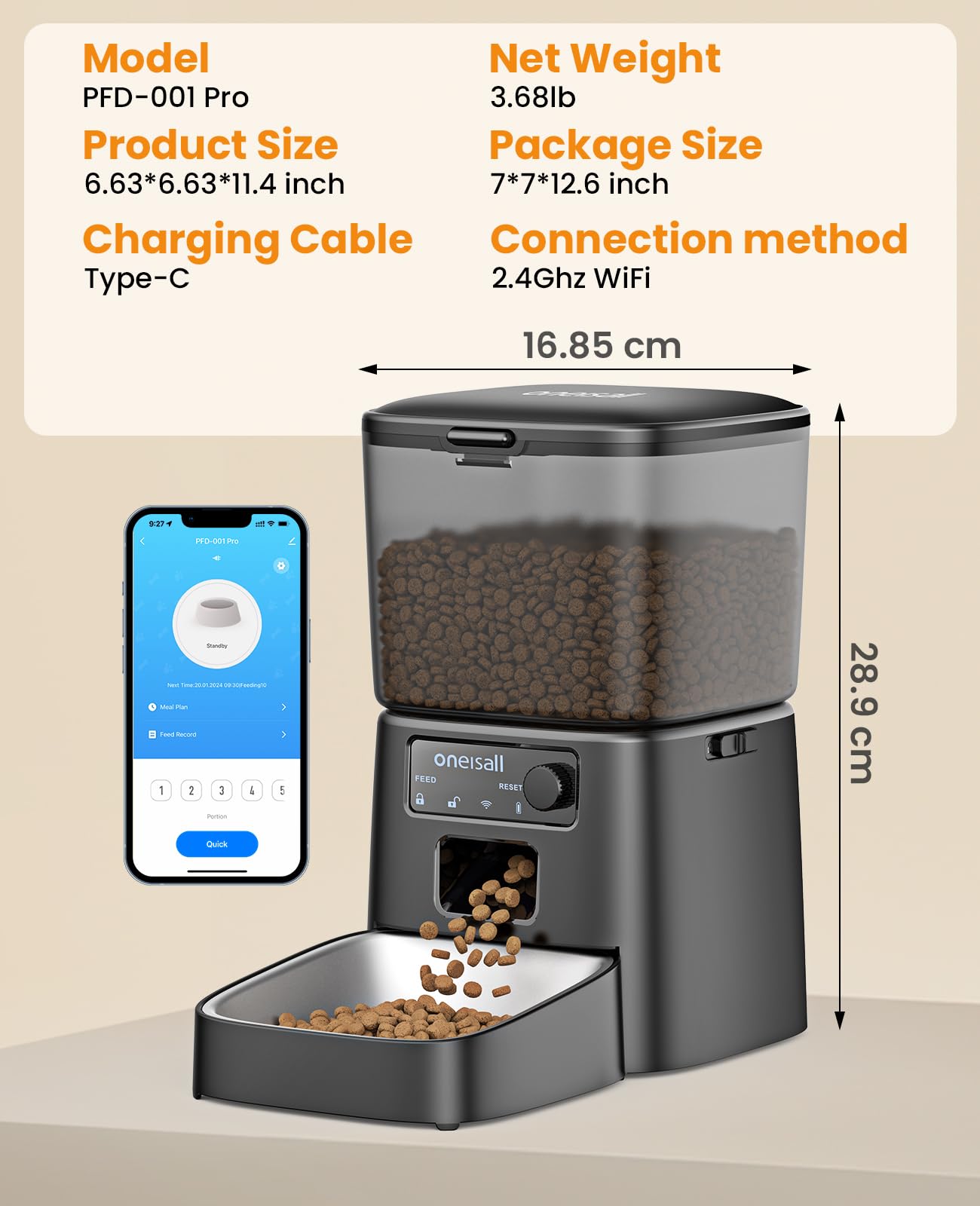 Oneisall automatic cat feeder night-usage image highlights visibility and quiet operation.
