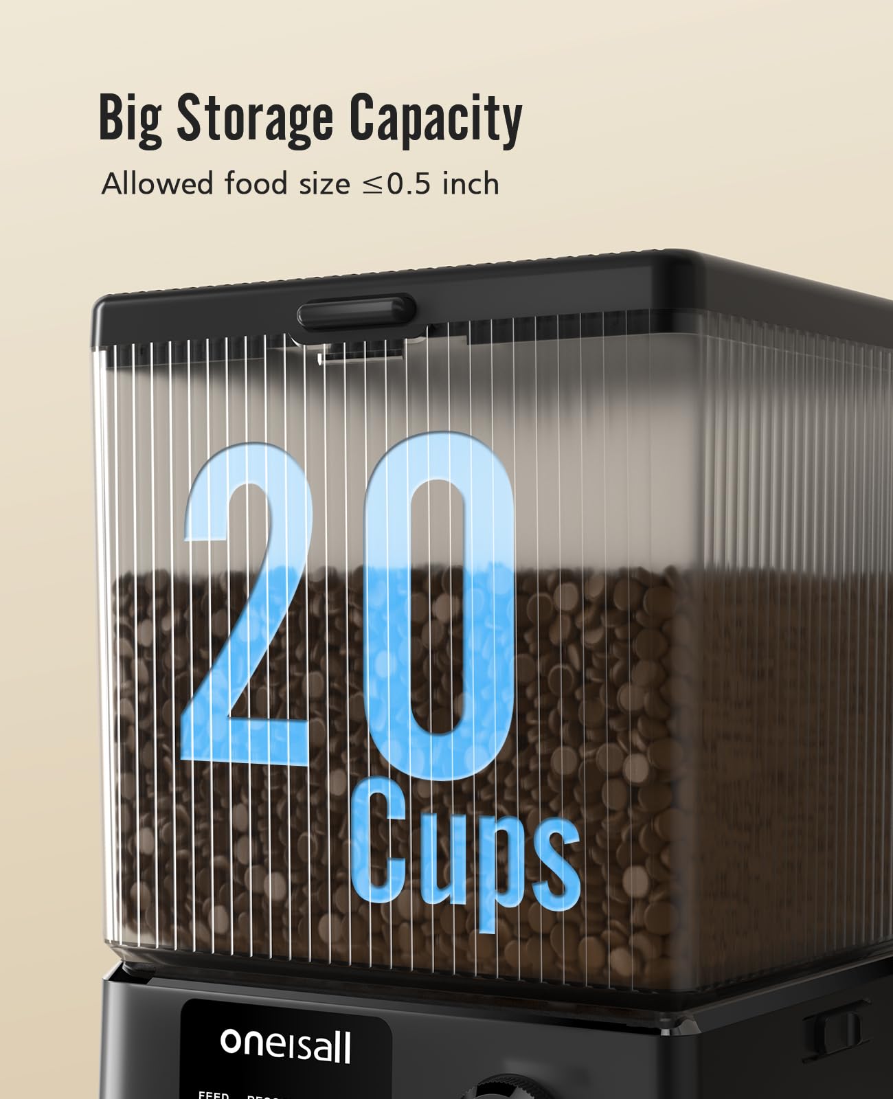 oneisall automatic feeder capacity side view shows 20-cup reserve for travel
