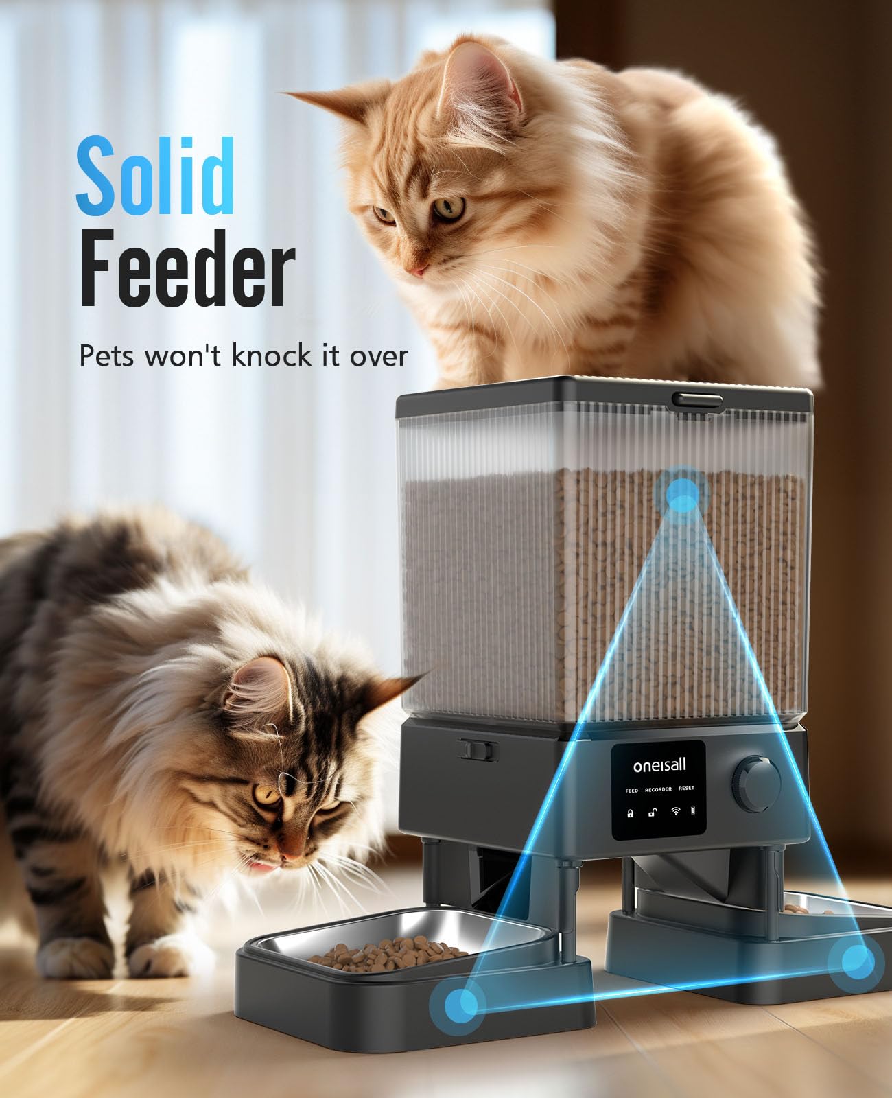 oneisall automatic feeder voice recorder close-up highlights customizable meal calls