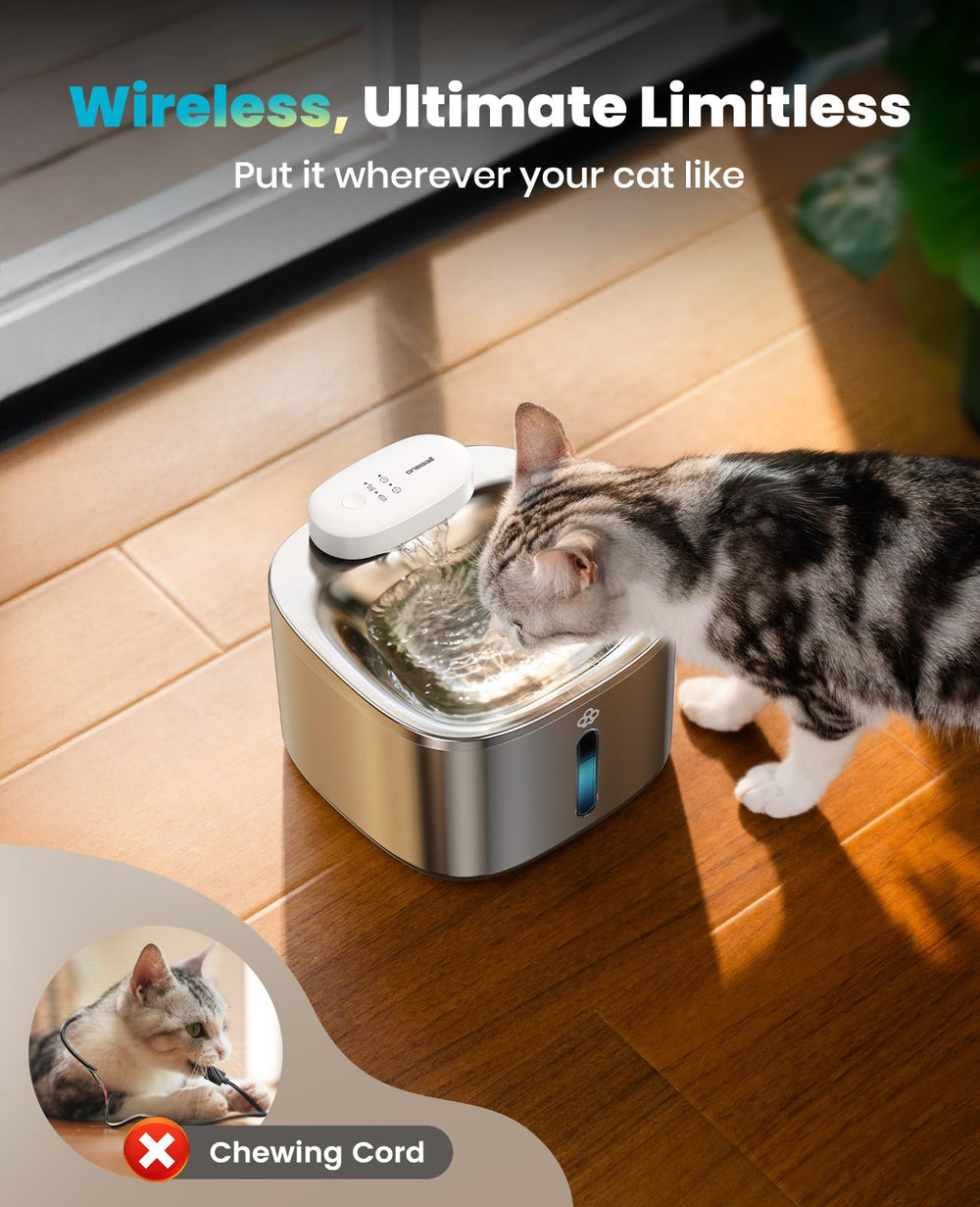 oneisall battery-operated cat water fountain side view emphasizing long battery life and reliability