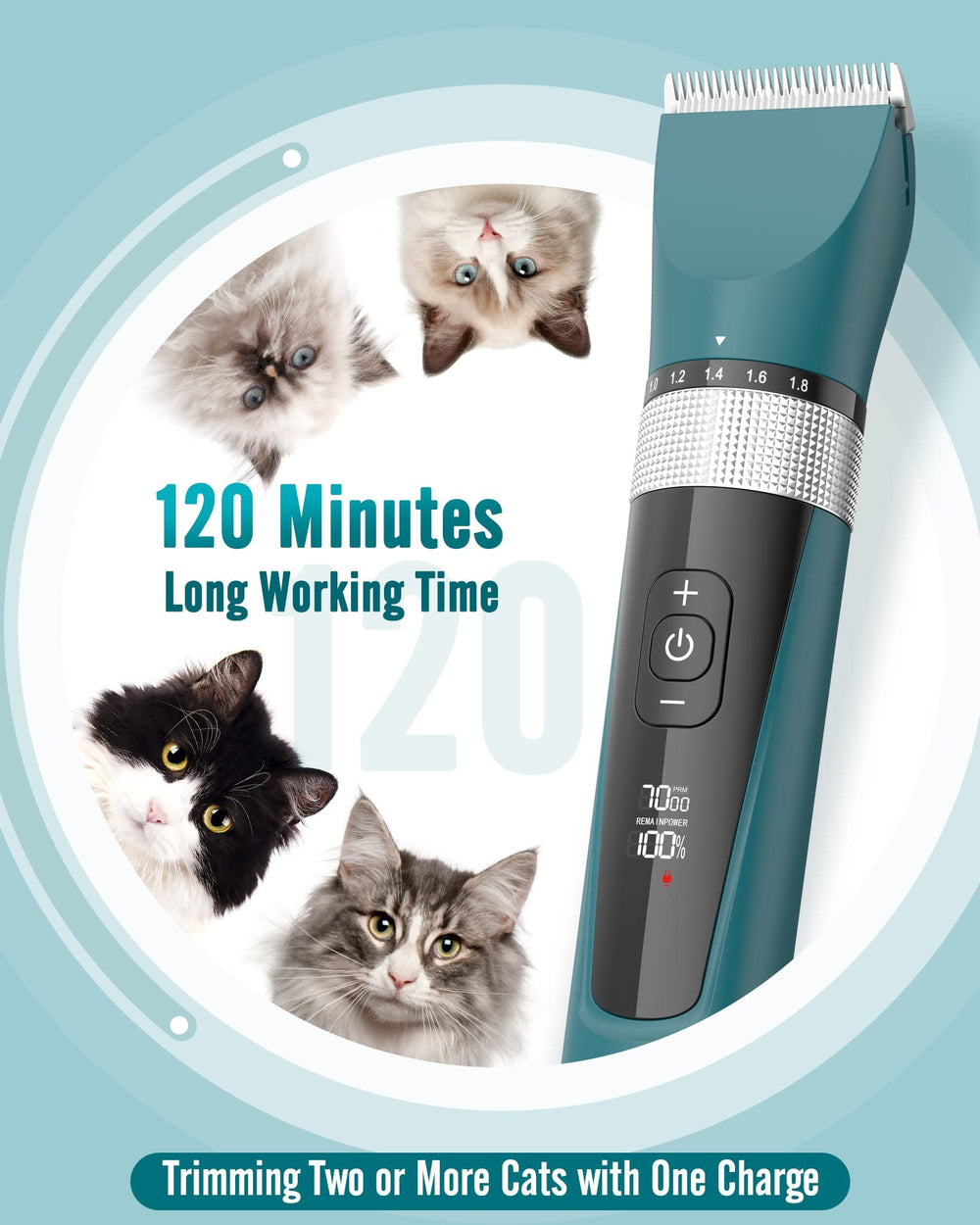 oneisall cat clippers battery-life indicator visible during cordless grooming sessions.