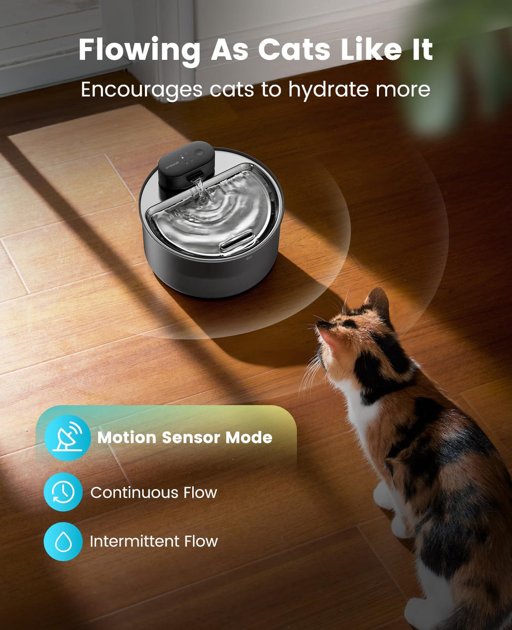 oneisall cat water fountain timer and continuous mode for steady hydration