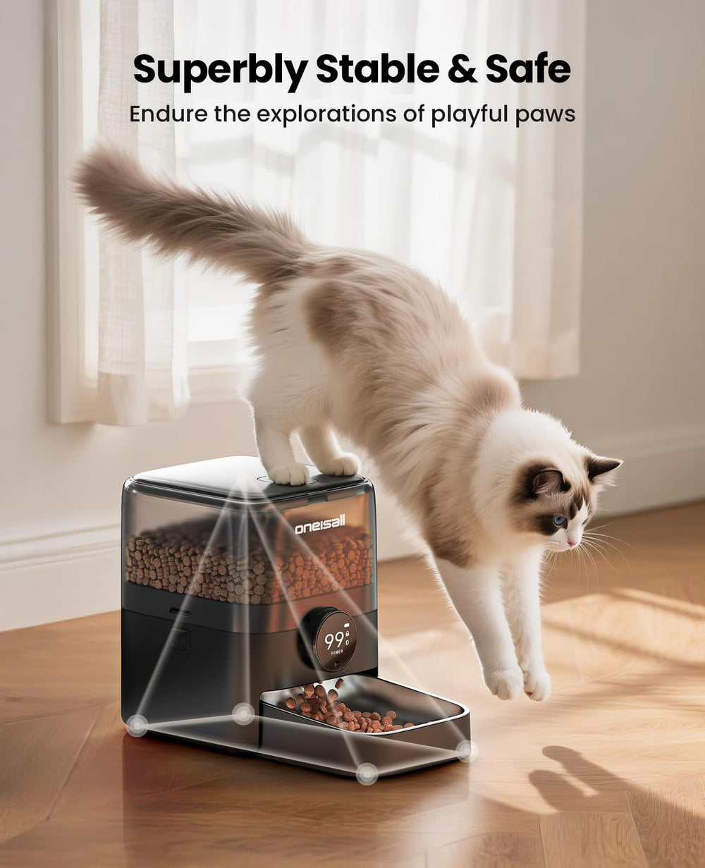 Oneisall cordless WiFi cat feeder 0-7 inch food compatibility handles varied kibble sizes.