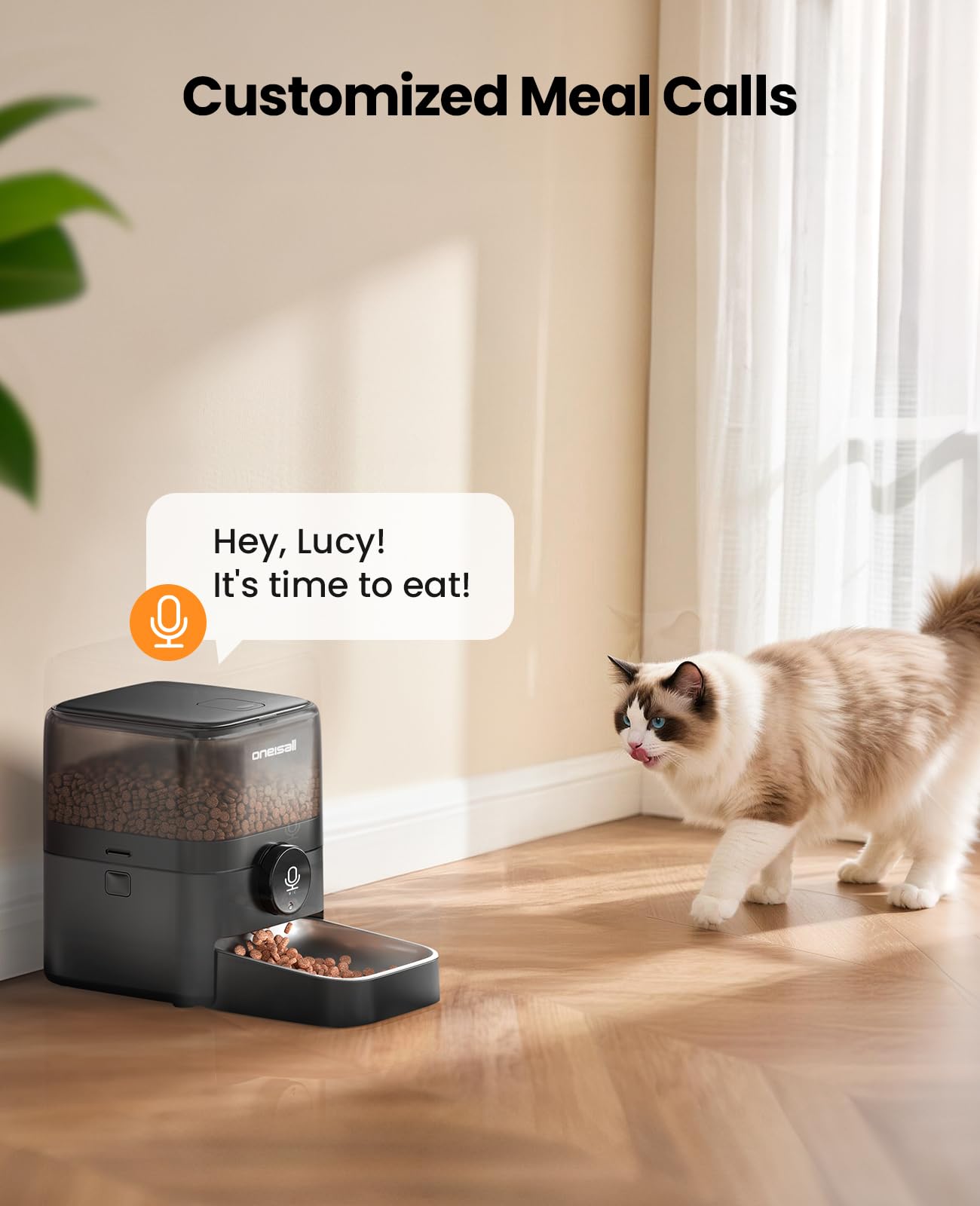 Oneisall cordless WiFi cat feeder anti-topple base provides stable placement.