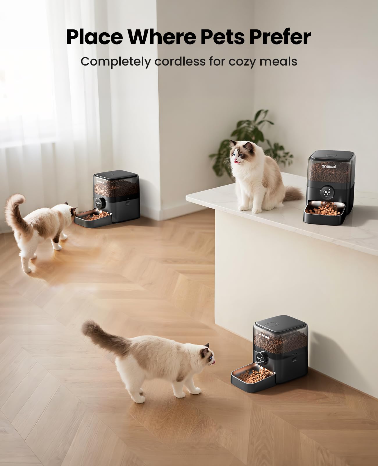 Oneisall cordless WiFi cat feeder battery life indicator shows long-lasting cordless operation.