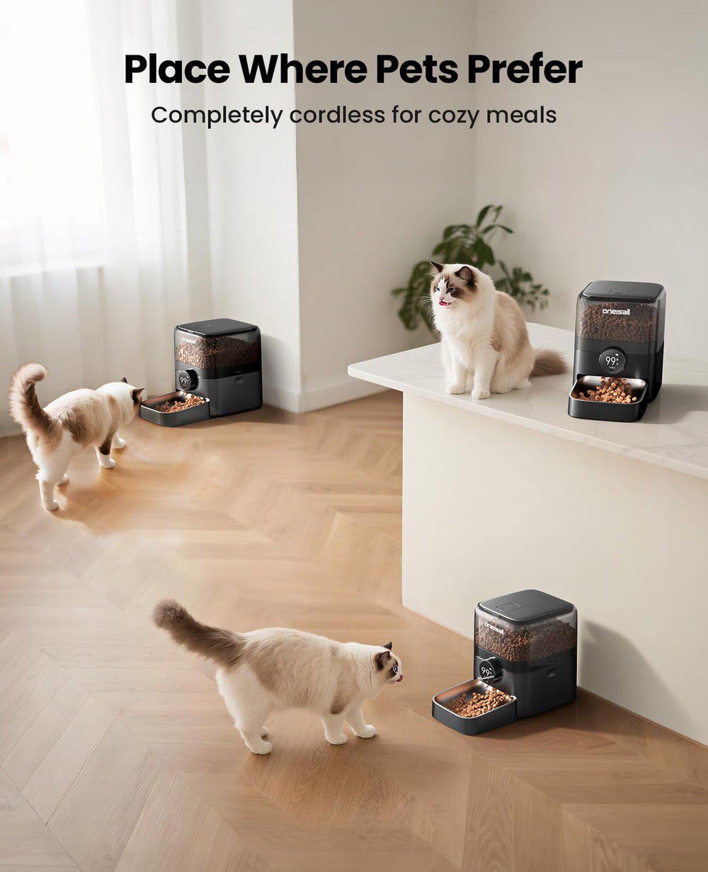 Oneisall cordless WiFi cat feeder battery life indicator shows long-lasting cordless operation.