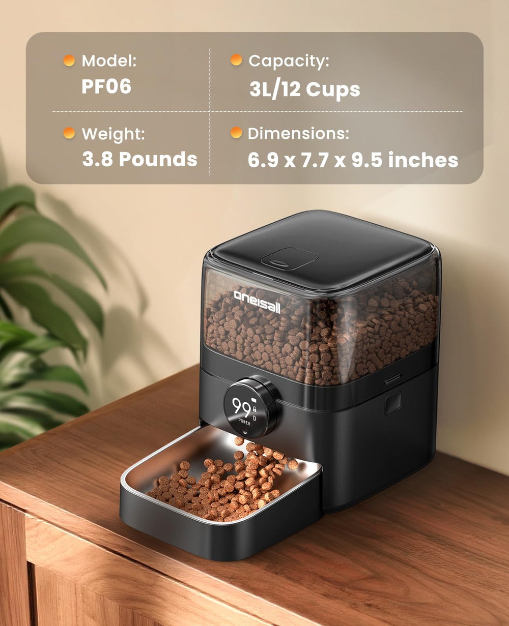 Oneisall cordless WiFi cat feeder in room setup demonstrates quiet, space-saving design.