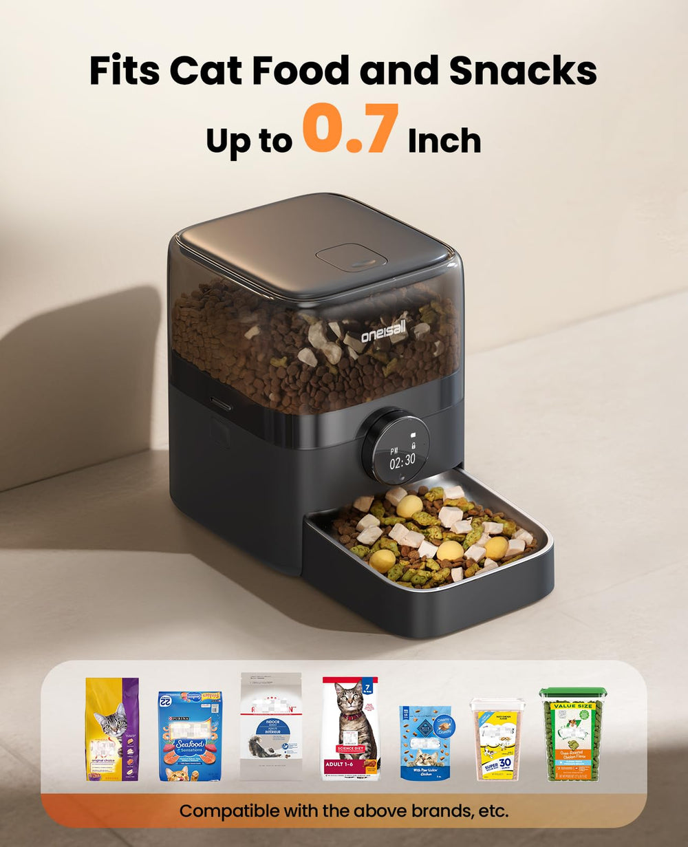 Oneisall cordless WiFi cat feeder recorded message option adds personal connection during meals.